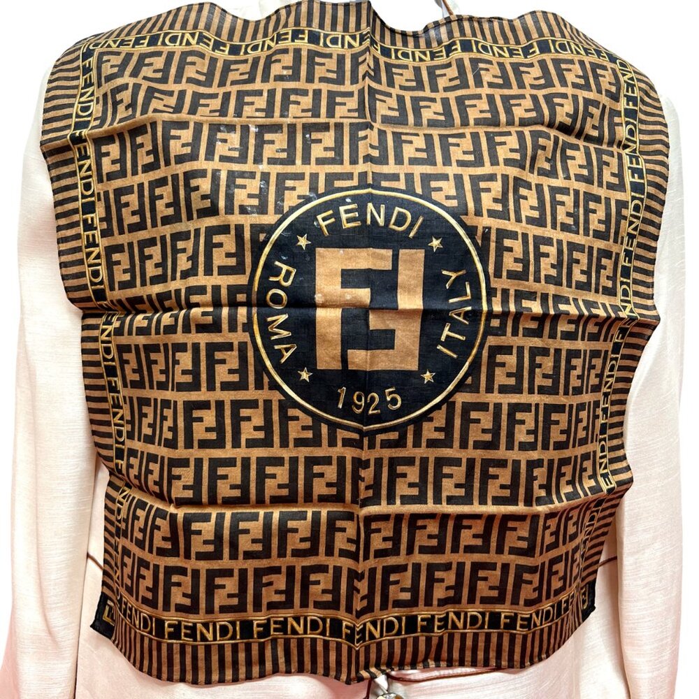 FENDI Zucca mini scarf handker cotton/Silk 19"  black  Gold   Brown logo  FF(56 - Picture 2 of 6
